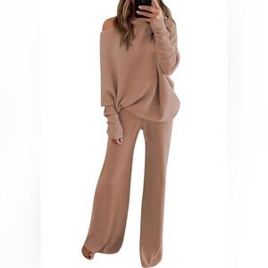 Amazon Women Sweater Set - Beige Knit Off-Shoulder Top & Wide Leg Pants